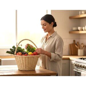 Handwoven Wicker Basket With Sturdy Handle For Storage & Decor